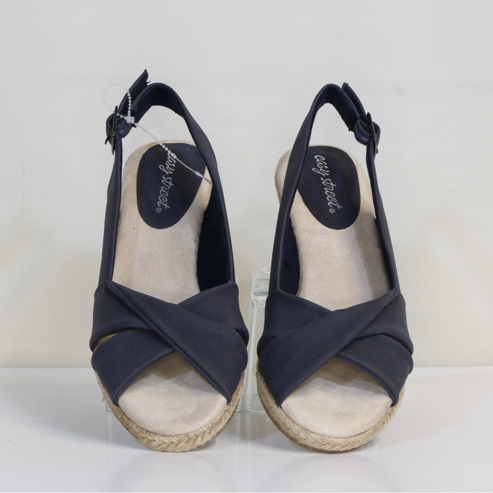Easy Street Black and Blue Espadrille Sandals with Crisscross Design